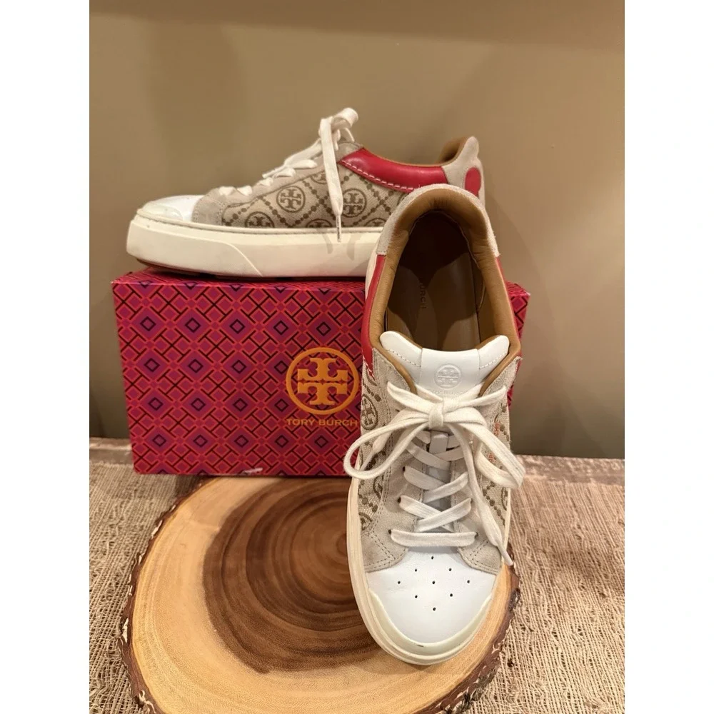 Tory Burch T Monogram Ladybug Court Sneaker 10.5M Beige Logo Red Leather Retro
